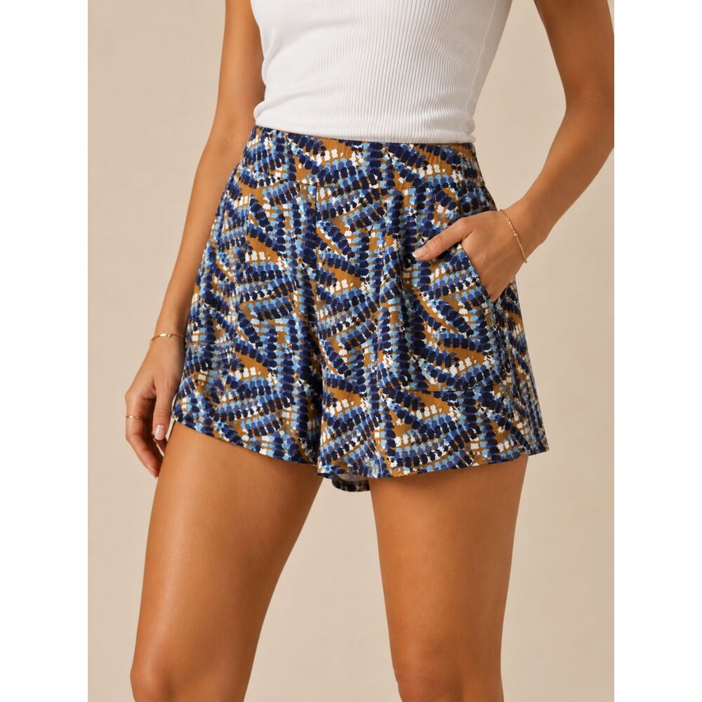 Nine West XL Pull On Shorts Blue Brown Abstract Print Lyocell Vacation Resort